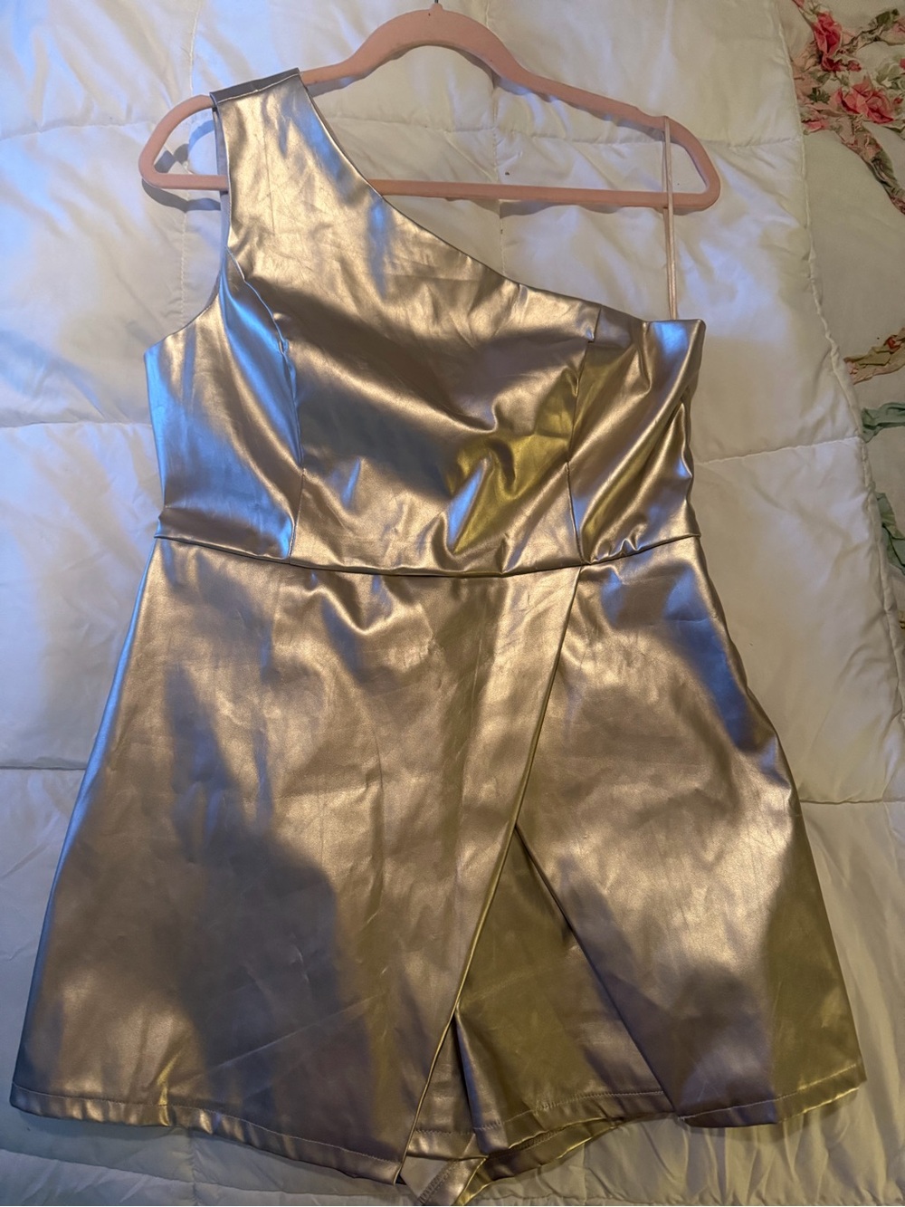 Gold One-Shoulder Metallic Romper - Picture 2 of 10